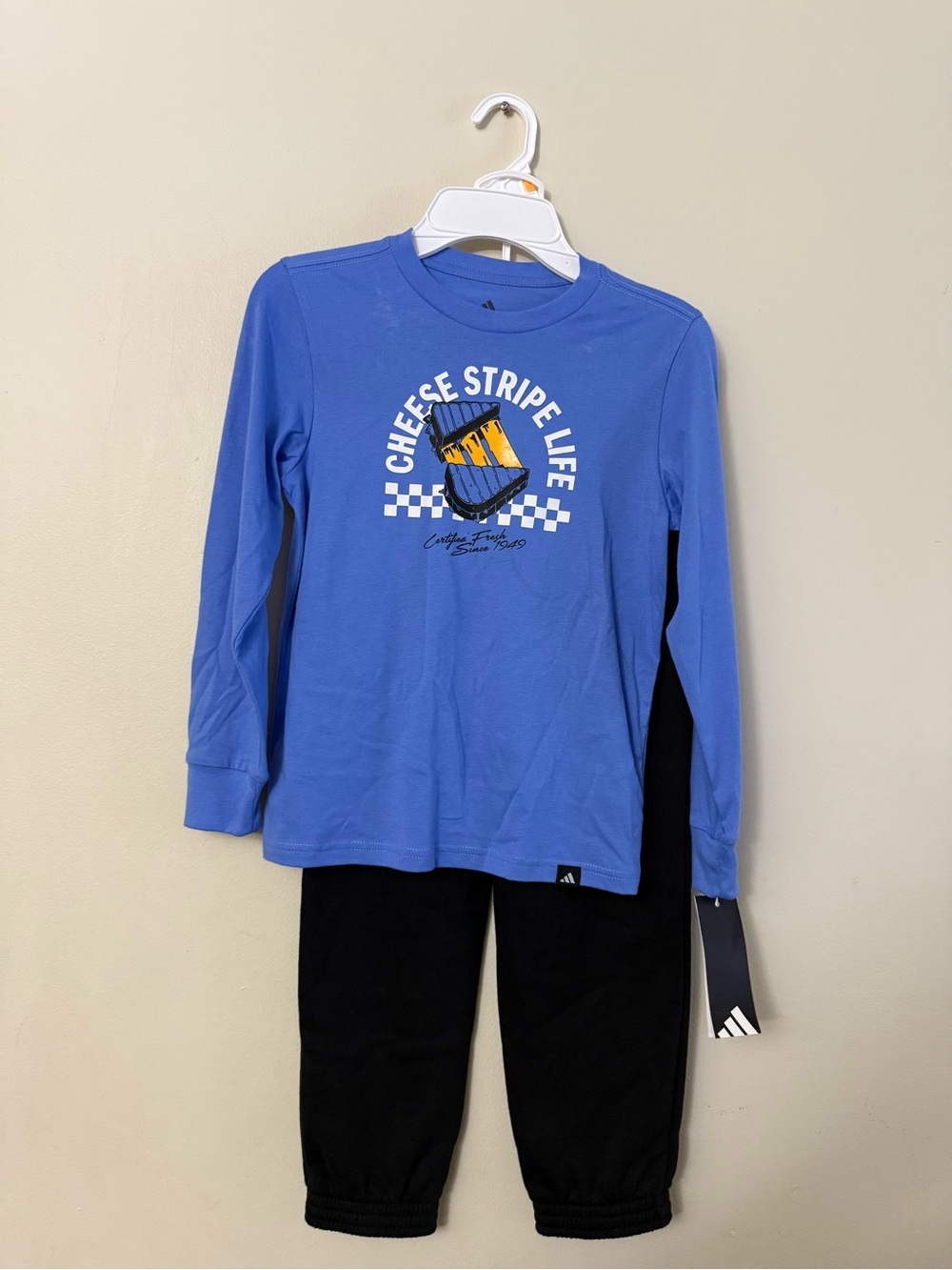 adidas Blue Long-Sleeve Tee with 'Cheese Stripe Life' Graphic
